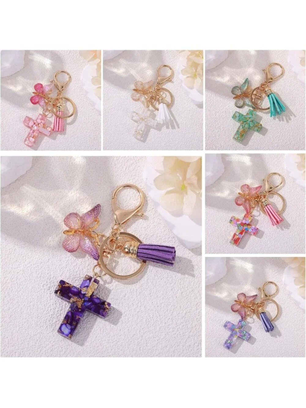 Christian Cross Keychain with Tassels & Butterfly Charm - Resin Jesus Bag